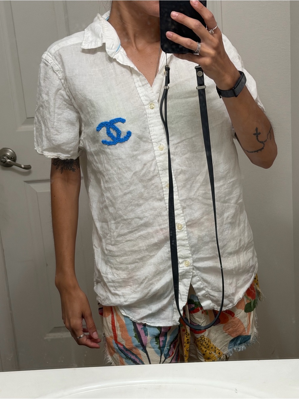 Chanel White Linen Short-Sleeve Shirt with Blue Logo